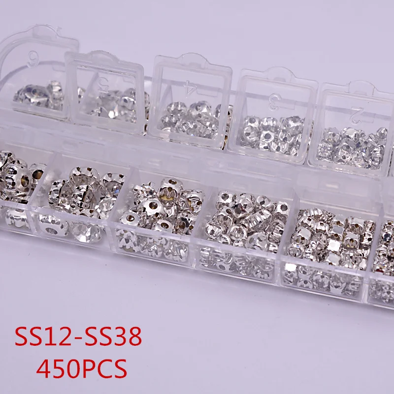 360pcs/450pcs SS12-SS38 Mix size Clear glass Crystal Silver/Golden Flatback Rhinestone sewing For Wedding dress jewelry.