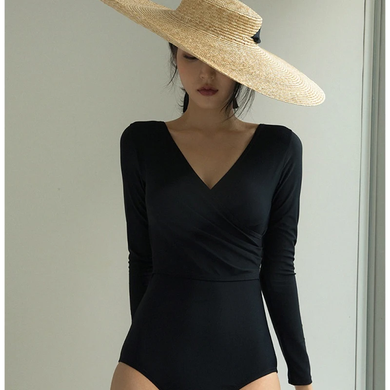 

Women One Piece swimsuit 2023 Long Sleeve Swimsuits Solid Swimwear Wrap Monokini Push Up Swim Suit Black Rash Guard Bathing Suit