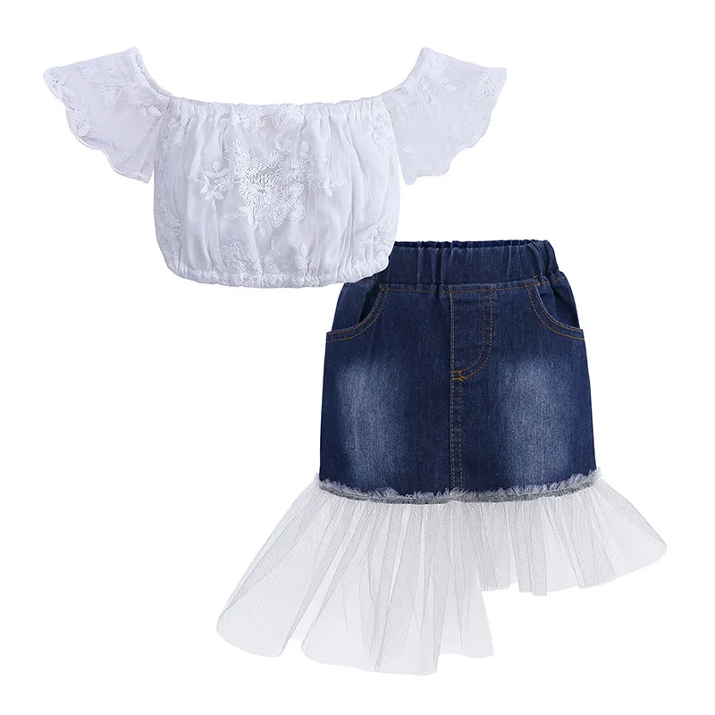 Summer Girls Tops 2 Pieces Suits Set Children's Baby Off Shoulder T-shirts Denim Skirt