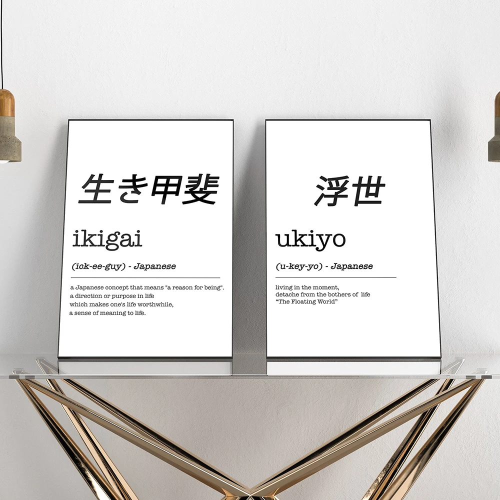 Ikigai Ukiyo Definition Art Prints Japanese Gift Japanese Words Black White Minimalist Poster Japan Wall Art Canvas Painting