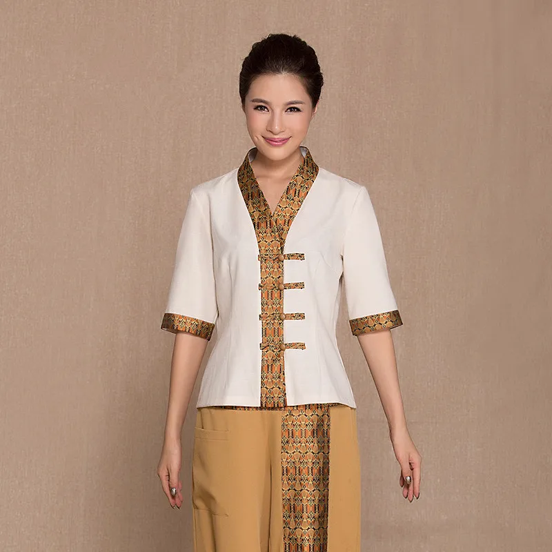 Uniforme de massage thaïlandais, ensemble haut et pantalon en polyester, vêtements de travail pour club de beauté, uniforme de salon de santé,