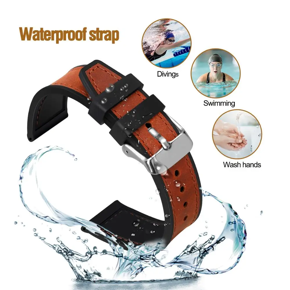 Hemsut Cowhide And Silicone Watch Strap Bracelet 18 20 22mm 24mm Brown Men Women Waterproof Breathable Watch Straps