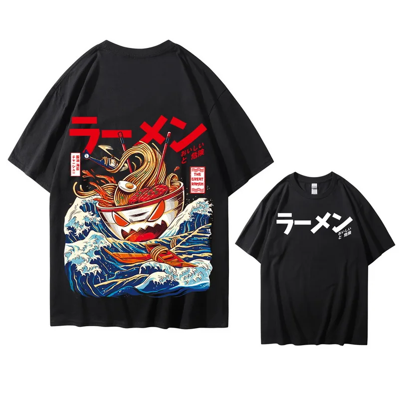 Japanese Harajuku T-Shirt Men 2021 Summer Hip Hop T Shirts Noodle Ship Cartoon Streetwear Tshirts Short Sleeve Casual Top Cotton