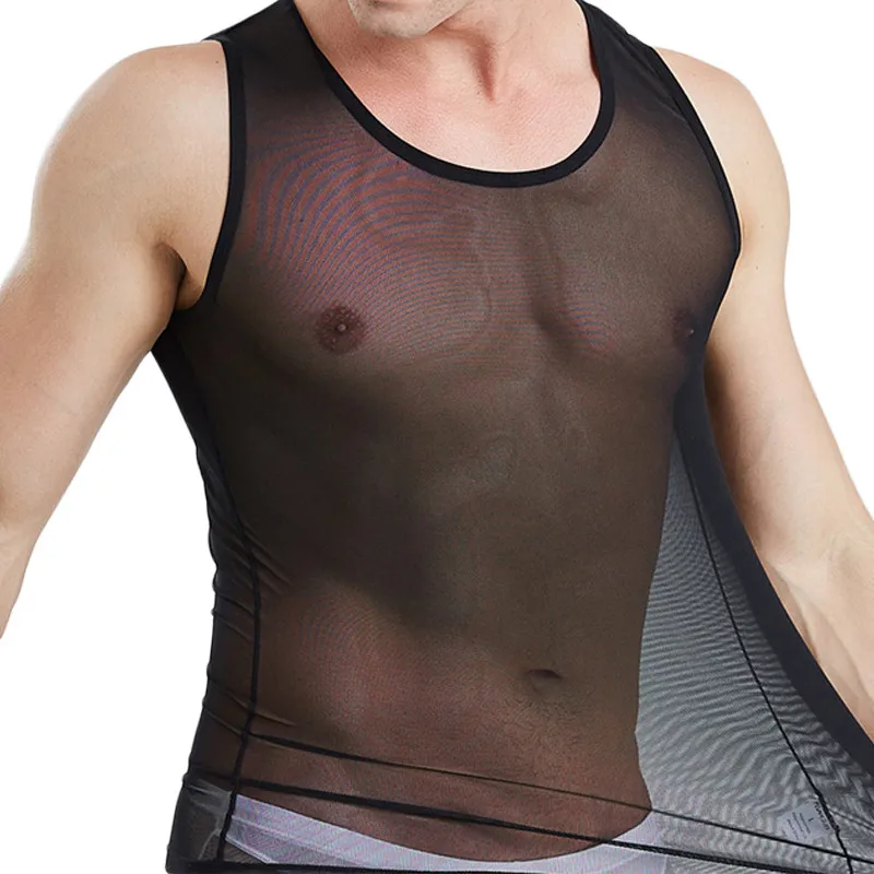 Sexy Men Undershirts Mesh Transparent Breathable Muscle Shapers Fitness Vest Loose Casual Sleepwear Male See Through Tanks Tops