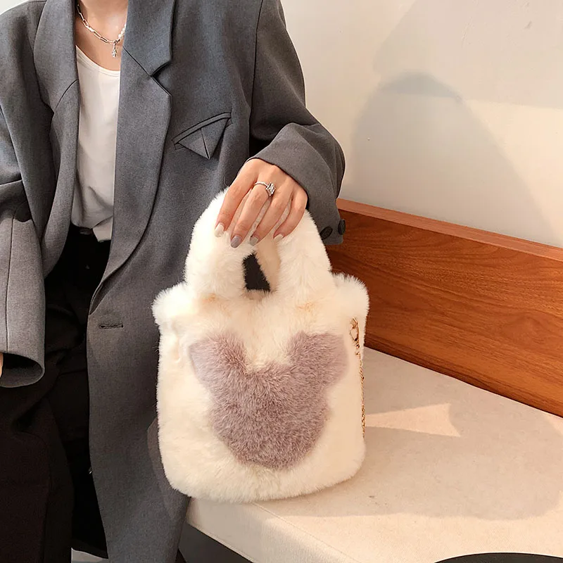 Mouse Soft Fluffy Bags Cartoon Plush Tote Bag For Women 2021 New Furry Luxury Designer Handbag Faux Fur Shoulder Bags Chain Sac