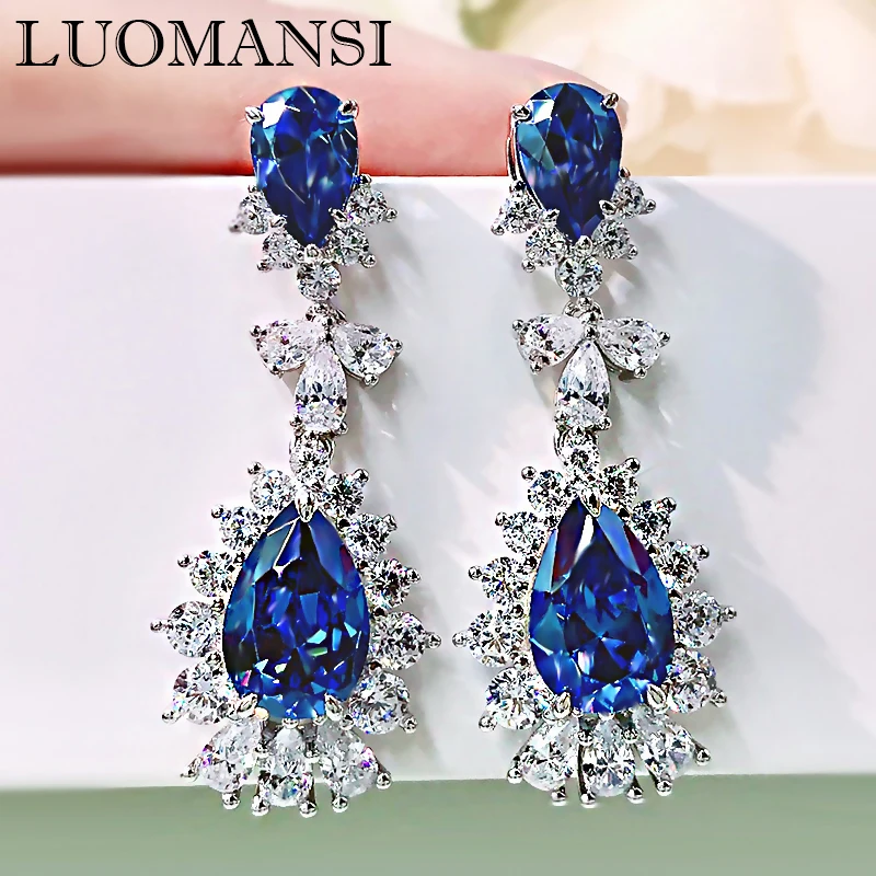 Luomansi Solid S925 Sterling Silver Drop Shaped Sapphire Diamond Long Earrings Women\'s Wedding Anniversary Party Jewelry