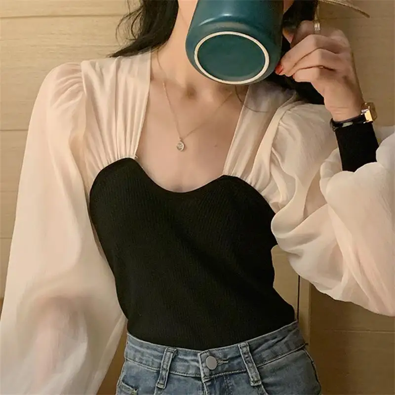 Y2k Blouses Women Chiffon Patchwork Design Female Summer Sweet Breathable Long Sleeve Blouses Solid Slim Elegant Korea Chic Tops