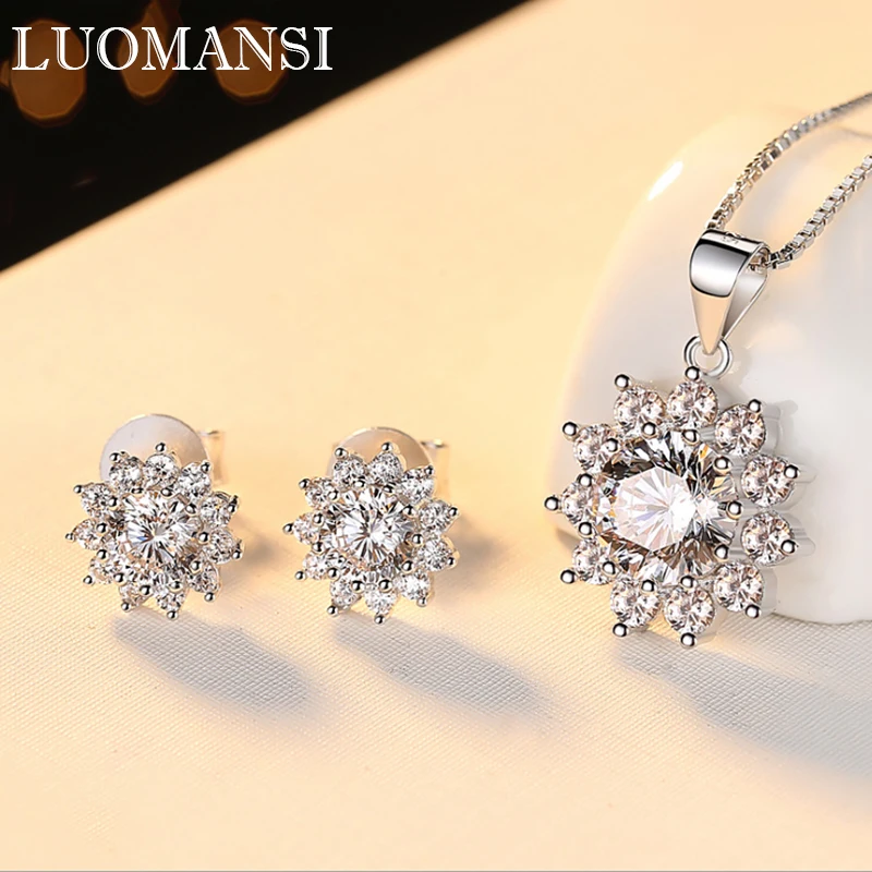 Luomansi 1CT 6.5MM Moissanite Sunflower Necklace/Earring Jewelry Set (Passed Diamond Test) 100%-S925 Sterling Silver Wedding Par