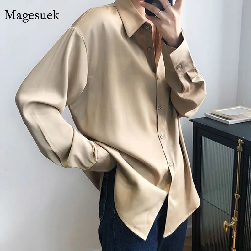 

Vintage Elegant Office Ladies Solid Satin Shirts 2020 Fashion Women Blouses New Long Sleeve Turn Down Collar Loose Tops 12534