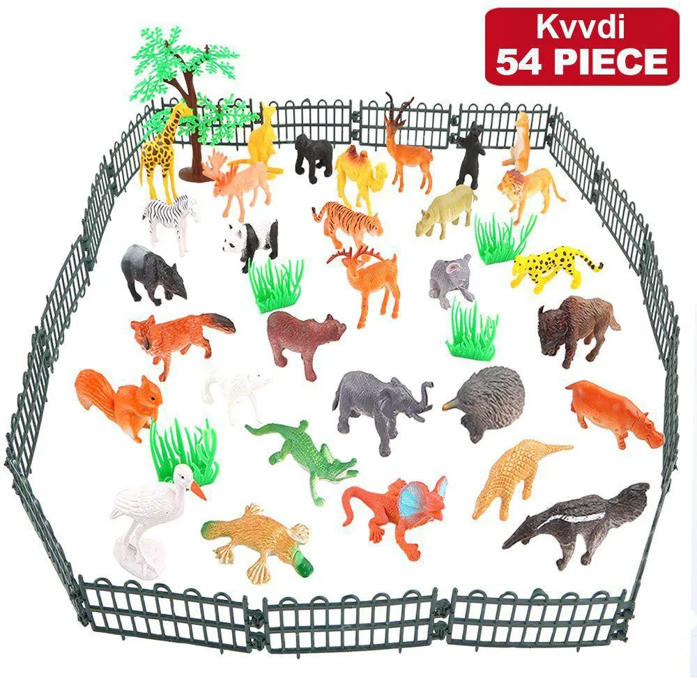 54 Pcs Mini Jungle Animal Toys Set  Realistic Wild Plastic Animals Learning Toys Elephant Gazelle Giraffe Gnu Gorilla Lion Tiger