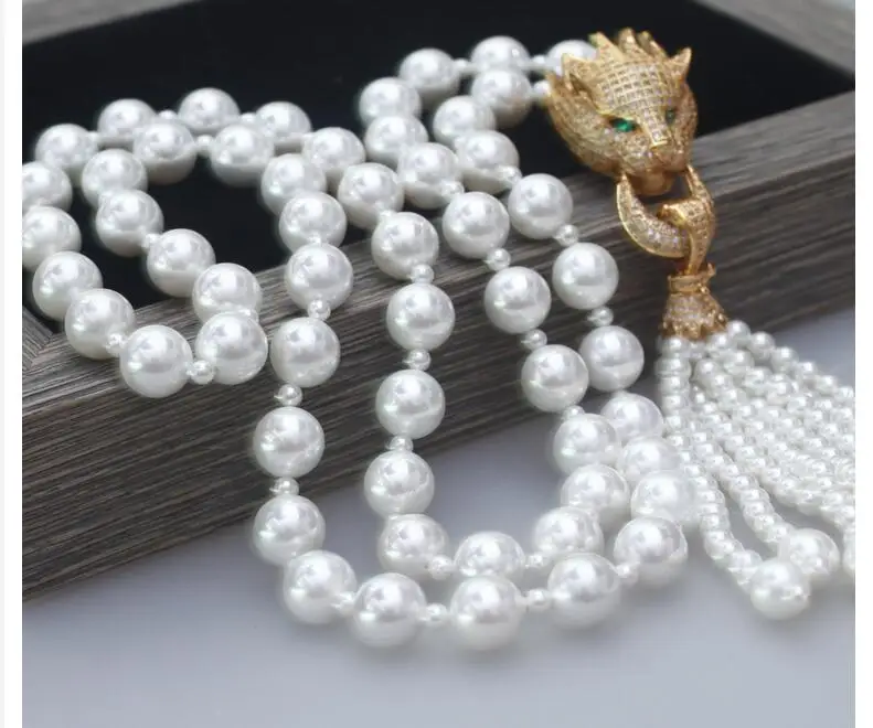 10-3mm south sea pearl necklace Leopard panther Head Zircon Natural Shell Pearl Chain Tassels Fashion Jewelry Necklace