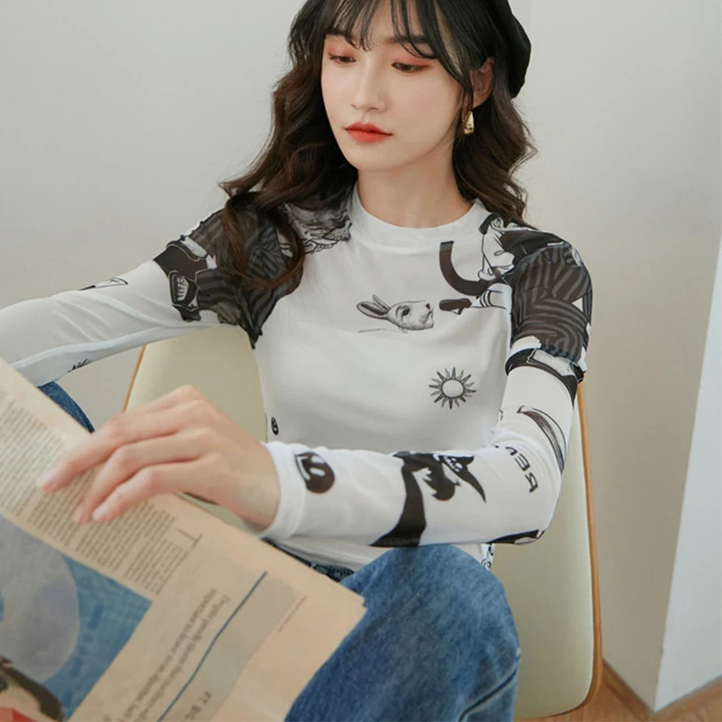 

2022 Summer Sexy Women Top Vintage Cartoon Print See Through Transparent Mesh T-Shirt Long Sleeve Harajuku Slim Lady O Neck Top