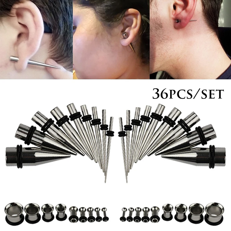 36PCS Stainless Steel Tunnels Tip Cone And Single Horn Ear Expansion Flesh Tunnel Ear Stretcher Piercing Tragus Ear Plugs