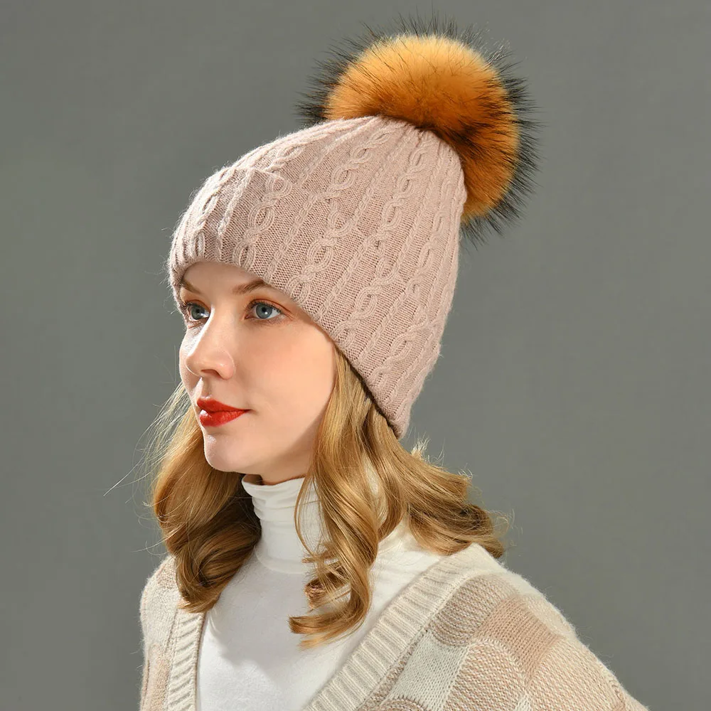 

Jaxmonoy Cashmere Wool Knitted Beanies Hat for Women Winter Warm Bonnet Dual Purpose Cashmere Hat with Real Raccoon Fur Pompom