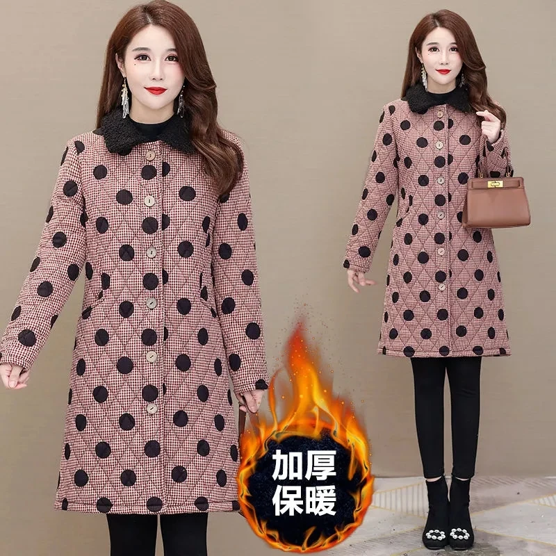 Winter New Women's Cotton Coat Add  Velvet Thicken Mid-long Lattice Pocket Printing Single-Breasted Fur Collar Miss Cotton Coat