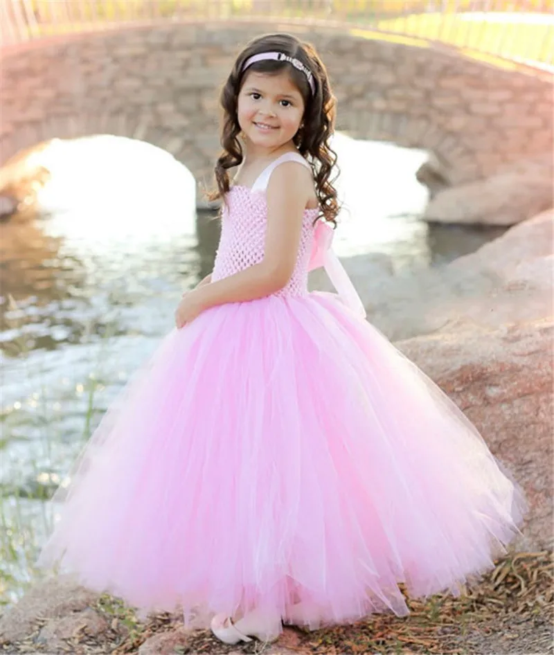 Vestido rosa con tutú de ganchillo para niña, vestido de tul con tirantes y lazo para el pelo, disfraz para fiesta de cumpleaños y boda