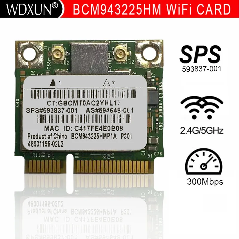 Broadcom-オリジナルのbcm943225hm 593837-001ハーフミニpci-eカード,300m,wifi 802.11,abgn内部,300mbps,ノートブック用