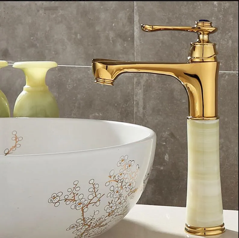 

Vidric Tall Basin Faucet Gold Crane Brass Jade Body Bathroom Basin Faucet Deck Mount Counter top Water Mixer wash basin Tap