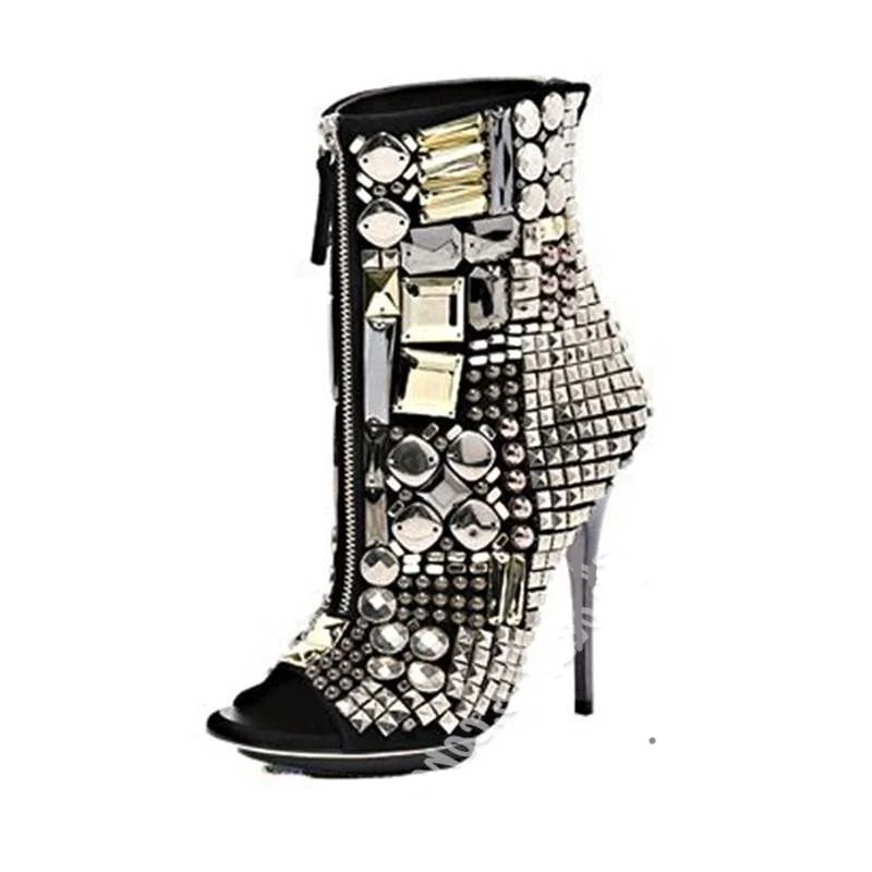 

Crystal Shiny Booties Peep Toe Zip Up Stiletto High Heels Short Boots Rhinestone Bling Bling Sequined Women Shoes Manufacturer