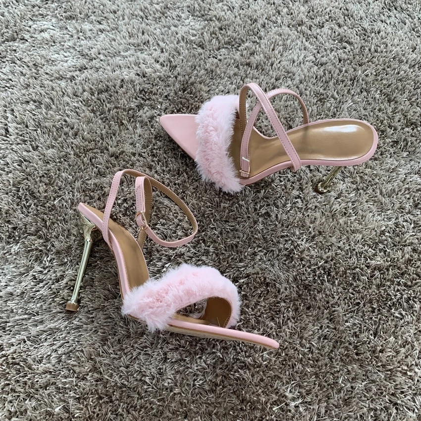 2021 New Summer Fashion Design Shoes For Women Sandals Fur Party Pumps Ankle Strap High Heels Ladies Sandal Shoes Open Toe Shoe