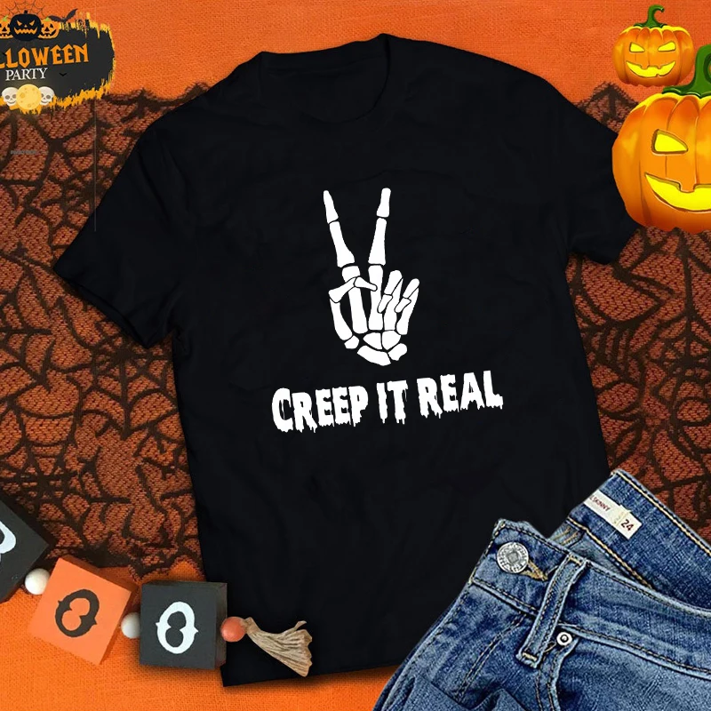 Creep It Real Halloween T-shirt Funny Women Short Sleeve Halloween Holiday Tshirt Creepy Skeleton Hand Graphic Tee Shirt Top