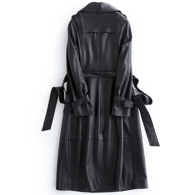 Lautaro Autumn Long Black Leather Trench Coat for Women Long Sleeve Belt Lapel Luxury Spring British Style Outerwear Fashion