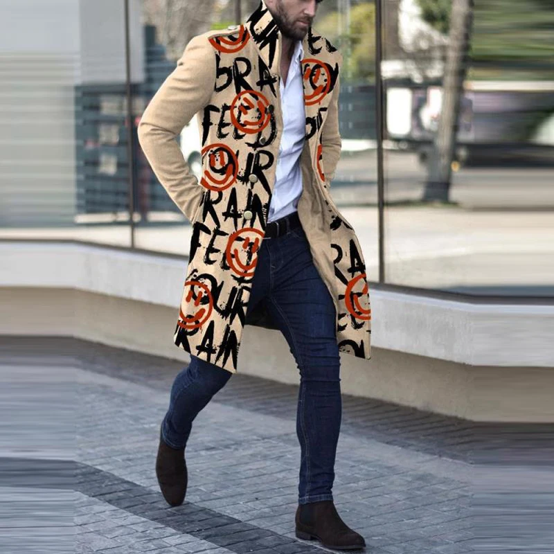 Man Single Breasted Jacket Letter Printing Button Long Slim Coat Long Sleeve Autumn Winter Warm Causal Harajuku Street Outwear