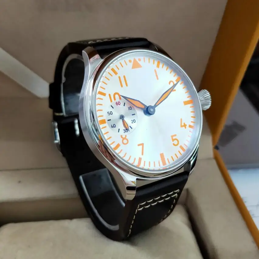 44mm Pilot style not have logo Mechanical Hand Wind Men\'s Watch Silver dial orange number coffee pilot strap st3600-2 movement