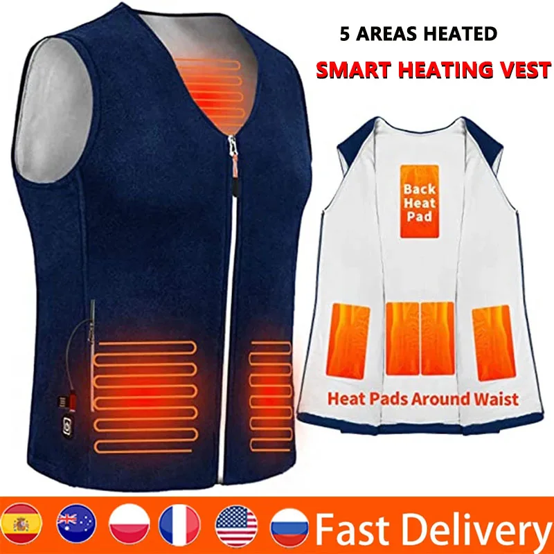 5 Areas Heated Vest Men Clothing Heating Jacket Winter Warm Electric Thermal USB Waistcoat Hiking Outdoor Infrared Heated Vest