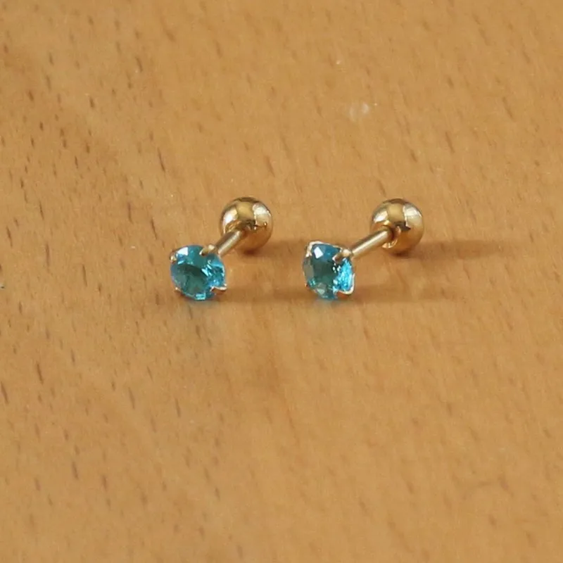 Titanium Gold-color Plated Screw Stud Earrings With Mini 4mm Ocean Blue AAA Zircon 316L Stainless Steel No Fade Allergy