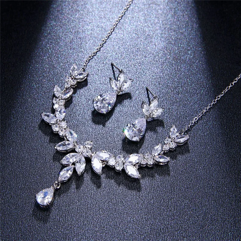 Ekopdee Luxury Brilliant Leaf Jewelry Set For Women Zircon Silver Color Wedding Bridal Necklace Earrings 2021 New Parure Bijoux