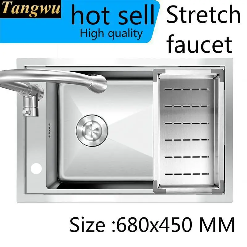 Free shipping Standard stretch faucet luxury kitchen manual sink single trough food-grade stainless steel hot sell 680x450 MM