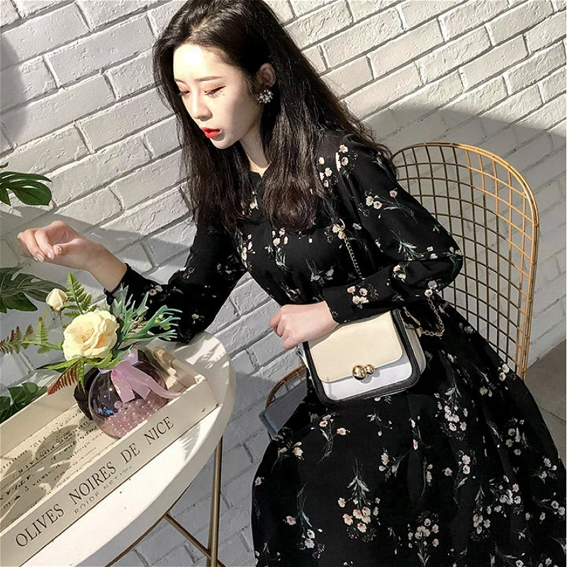 Long Sleeve Dress Women Floral-printed Chiffon Elegant Black Korean Style Leisure Slender Chic Student Streetwear Womens Vestido