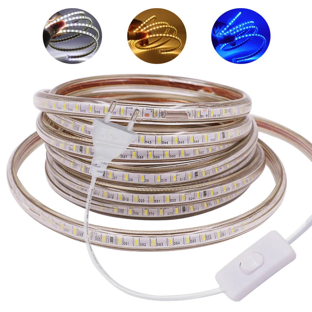 

AC 220V LED Strip 3014SMD 120Leds/m Outdoor Waterproof IP67 Led Strip Light with Switch Flexible LED Light Warm White/White