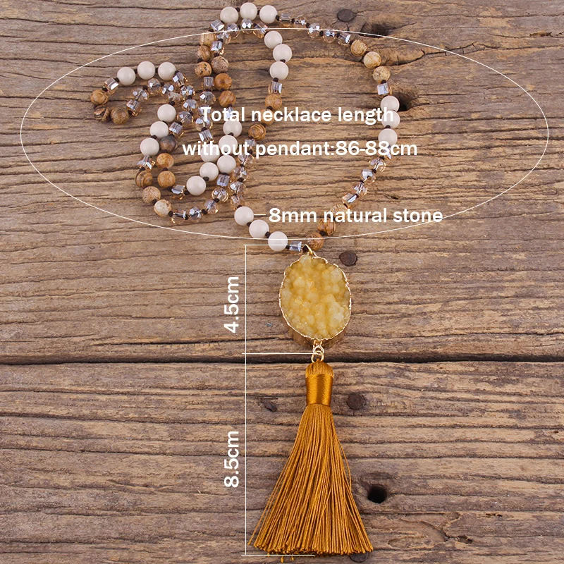 Fashion Bohemian Jewelry Natural Stones Crystal Knotted Druzy Stone Tassel Necklaces Women Boho Gift Drop Shipping