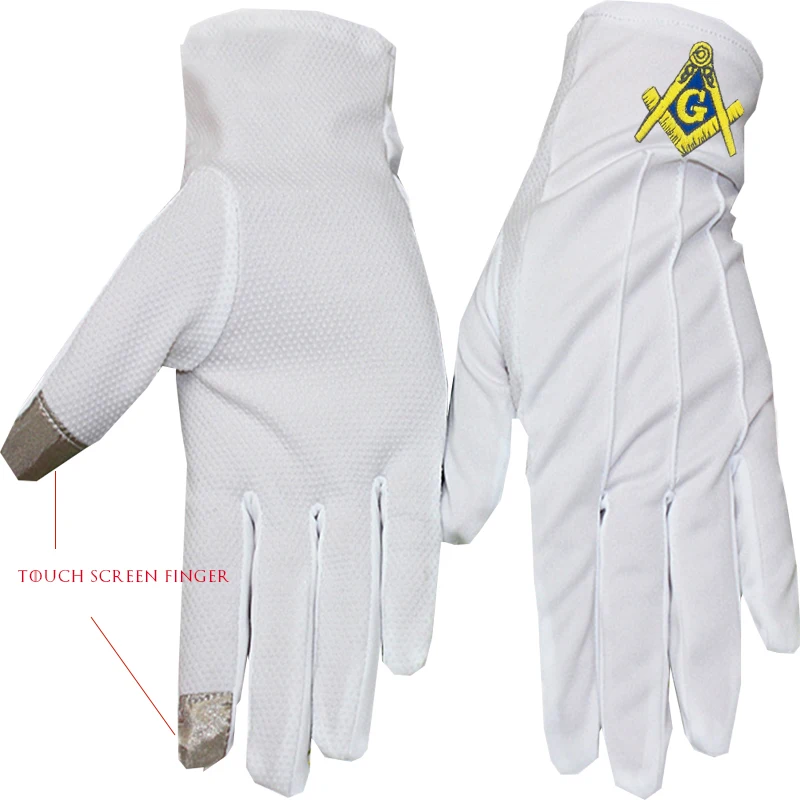 Golden Square and Compass Freemasonry Embroidery, Dot Plastic Anti-slip, Touch Screen, Polyester Gloves-[White]