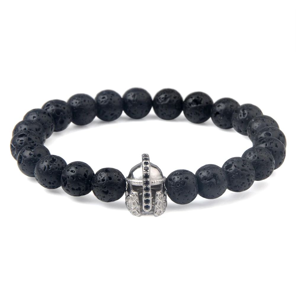 Natural Stone Black Lava Beads Bracelet Spartan Warrior Gladiator Helmet Fashion      Punk Style Bracelets For Women Men Jewelry view 3
