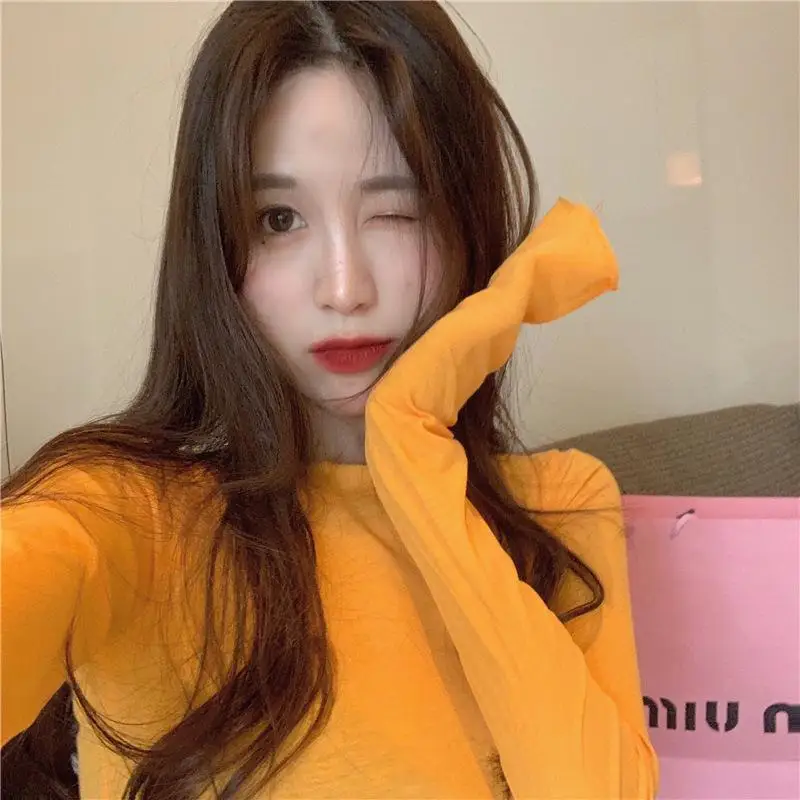 Long Sleeve Women\'s T-shirts Clothes Tops Autumn Fashion Pulovers Aesthetic Casual Plain Sexy Candy Colors Korean Slim Shirt