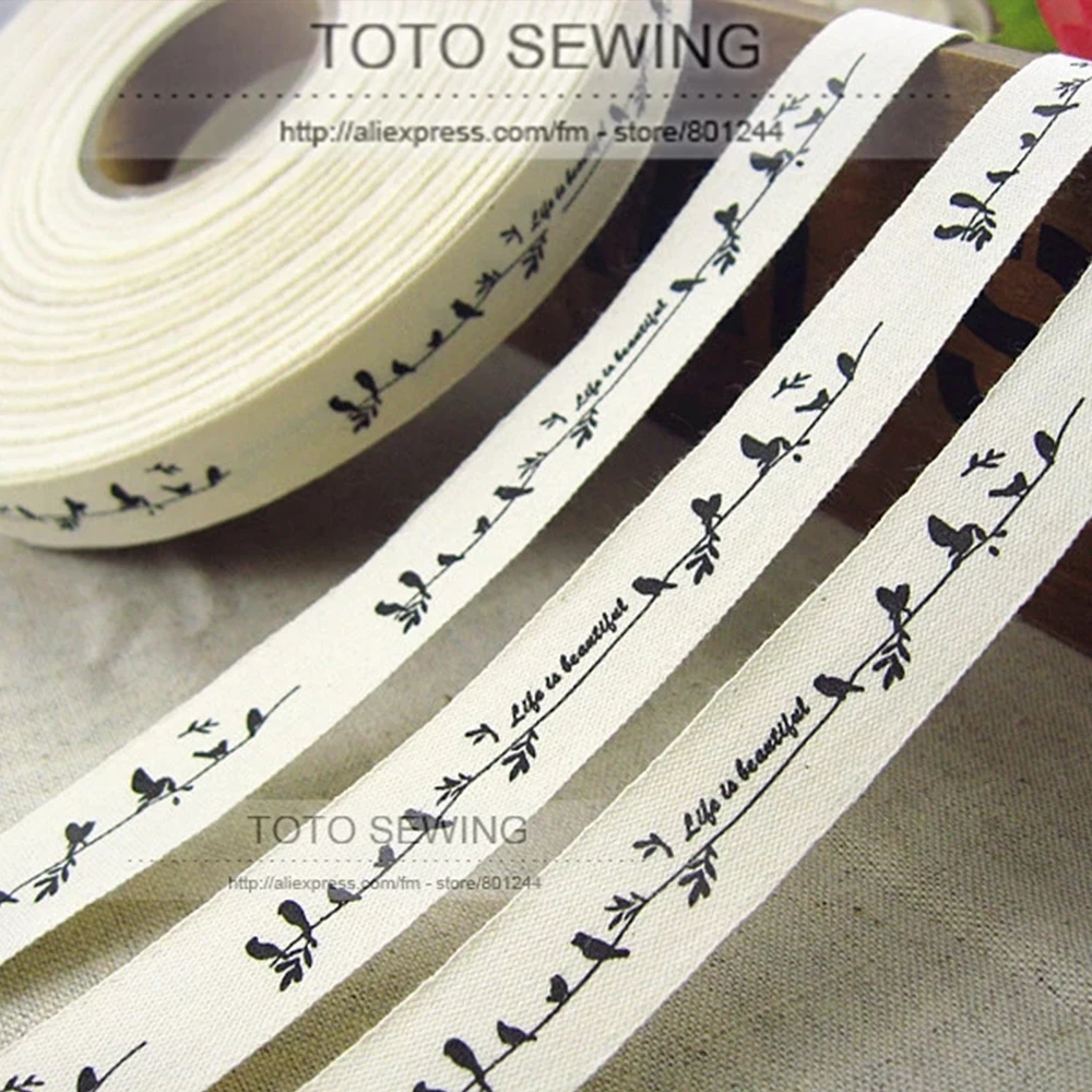 Min.order is (mix order) Zakka Cotton Sewing Label 1.5CM Birds Singing In The Trees Sewing Clothing Bag Handmade Crafts Textile