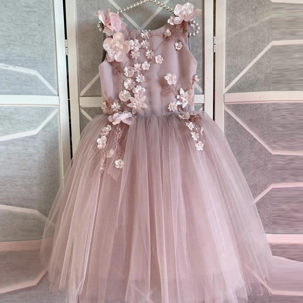 

Lotus Pink Handmade 3D Appliques Flowers Tulle Gowns For Little Girls A-line Sleeveless Tulle Birthday Party Dress Kids