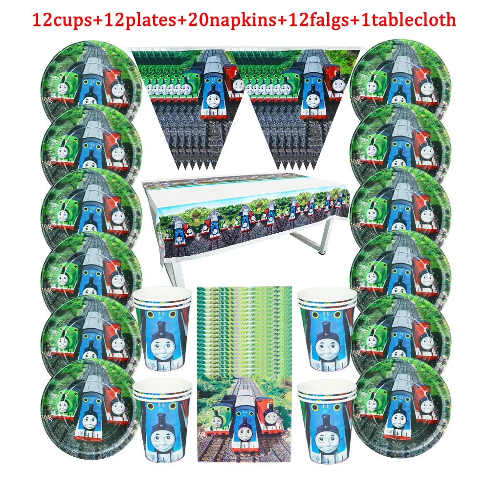

57 шт./лот, одноразовая посуда с изображением героев мультфильмов Томаса, друзей, для детского дня рождения, бумажная тарелка + чашка + салфетка + флаг + скатерть