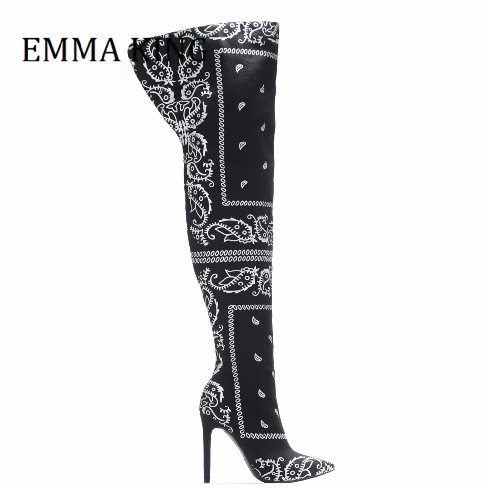

Spring Autumn Women High Heel Thigh High Boots Black Bandana Prints Heels Over The Knee Boots Pointed Toe Side Zipper Stilettos