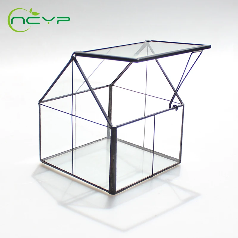 NCYP Modern Glass Terrarium Black Copper Tabletop Geometric Terrarium Grid Pattern Floor Vase Home Decoration Accessories