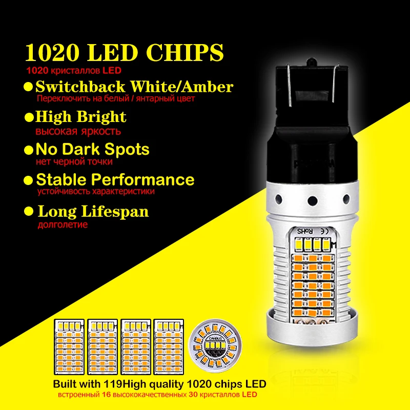 iJDM No Hyper Flash 7443 W21/5W LED For Ford Mustang Turn Signal Light/DRL Bulbs and T10 W5W LED Parking Clearance Lights 12V