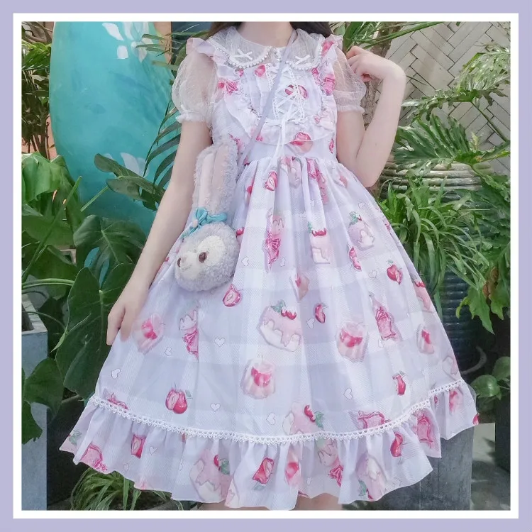 Cherry Print Lolita jsk Spaghetti Strap Dress Mori Girl Cos Loli Tea Party Kawaii Princess Vintage Court Dress