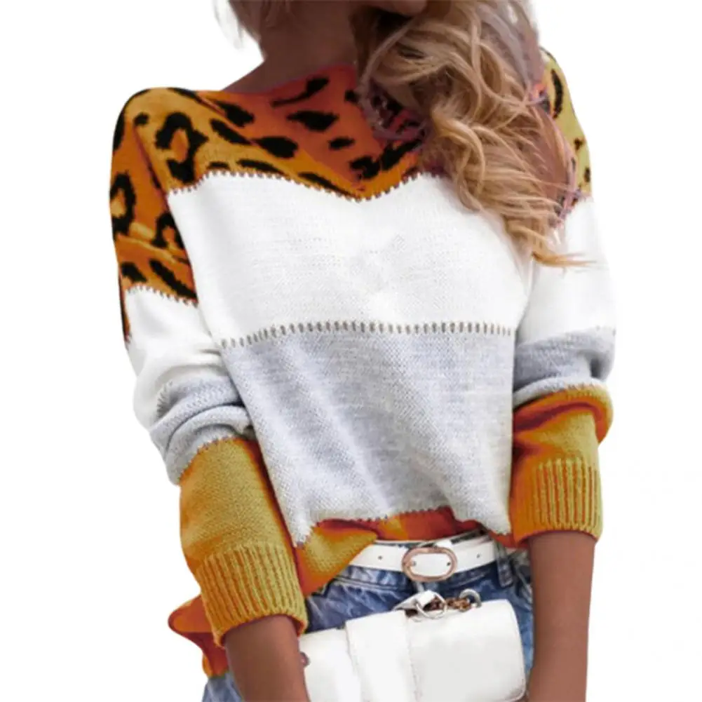 Skin-friendly Stylish Leopard Print Patchwork Color Pullover Sweater Autumn Winter Knitted Sweater O-Neck for Daily Life