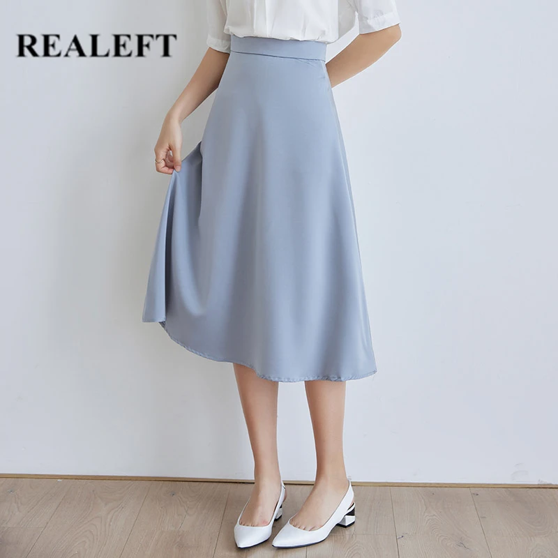 REALEFT 2021 Summer Skirts for Women Elegant Solid Color High Waist Slim Office Ladies Vintage Midi Length A-Line Skirts Female