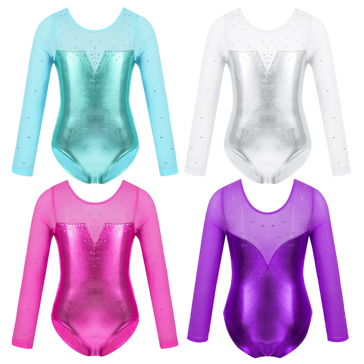 Kids Girls Rhinestone Gymnastics Ballet Dance Leotard Figure Skating Acrobatics Performance Costume Long Sleeve Mesh Bodysuit