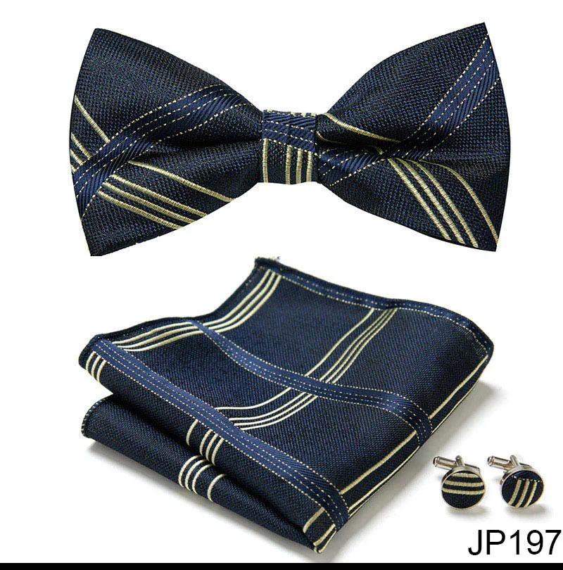 Great Quality Silver Office Butterfly Hanky Cufflink Set Bowtie For Men Geometric Hombre Formal Clothing