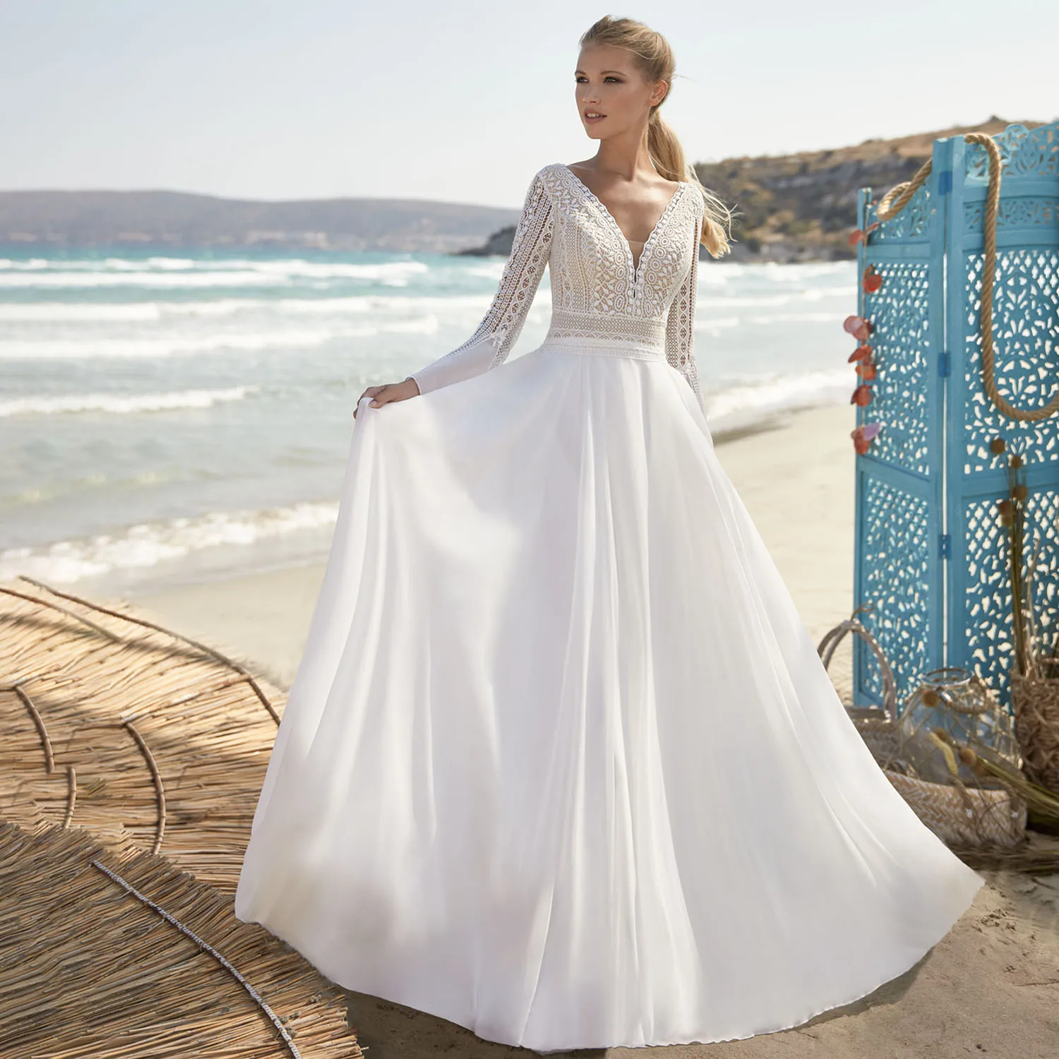 Linia szyfonowa V Neck suknie ślubne długie rękawy poszerzane plaża Boho Backless Plus rozmiar koronkowa suknia ślubna Elopement darmowa wysyłka